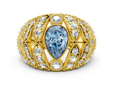 Yellow gold Fancy Blue Pear Cut Brilliant Halo Pave Diamond Milgrain Ring
