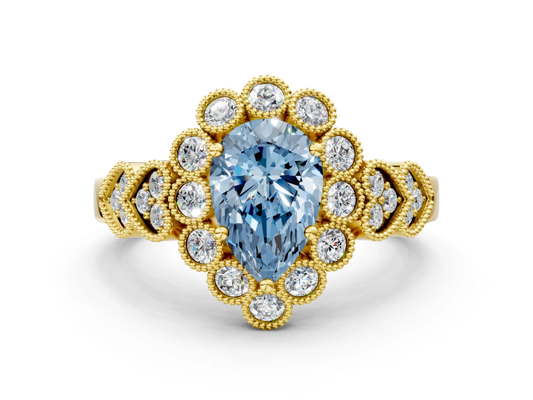 Yellow gold Fancy Blue Pear Cut Brilliant Milgrain Pave Heart Band Solitaire Ring