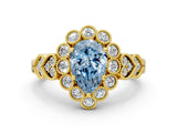 Yellow gold Fancy Blue Pear Cut Brilliant Milgrain Pave Heart Band Solitaire Ring