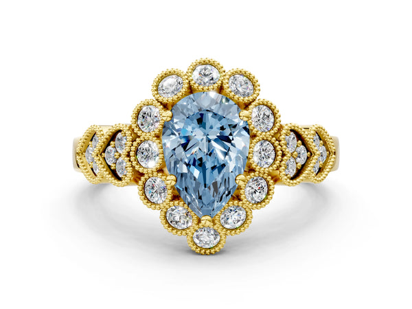 Yellow gold Fancy Blue Pear Cut Brilliant Milgrain Pave Heart Band Solitaire Ring