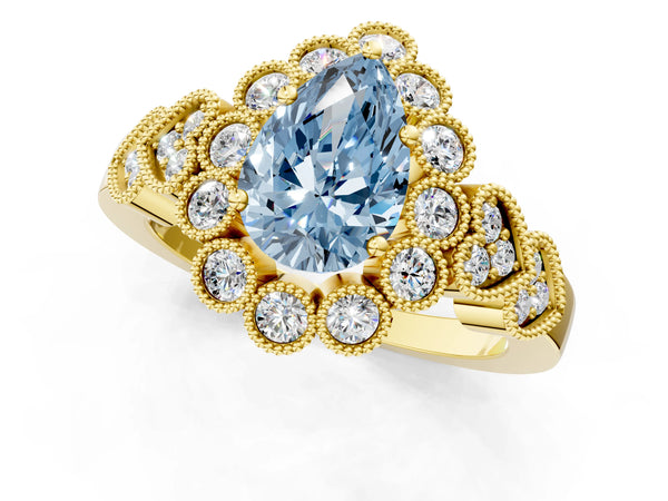 Yellow gold Fancy Blue Pear Cut Brilliant Milgrain Pave Heart Band Solitaire Ring