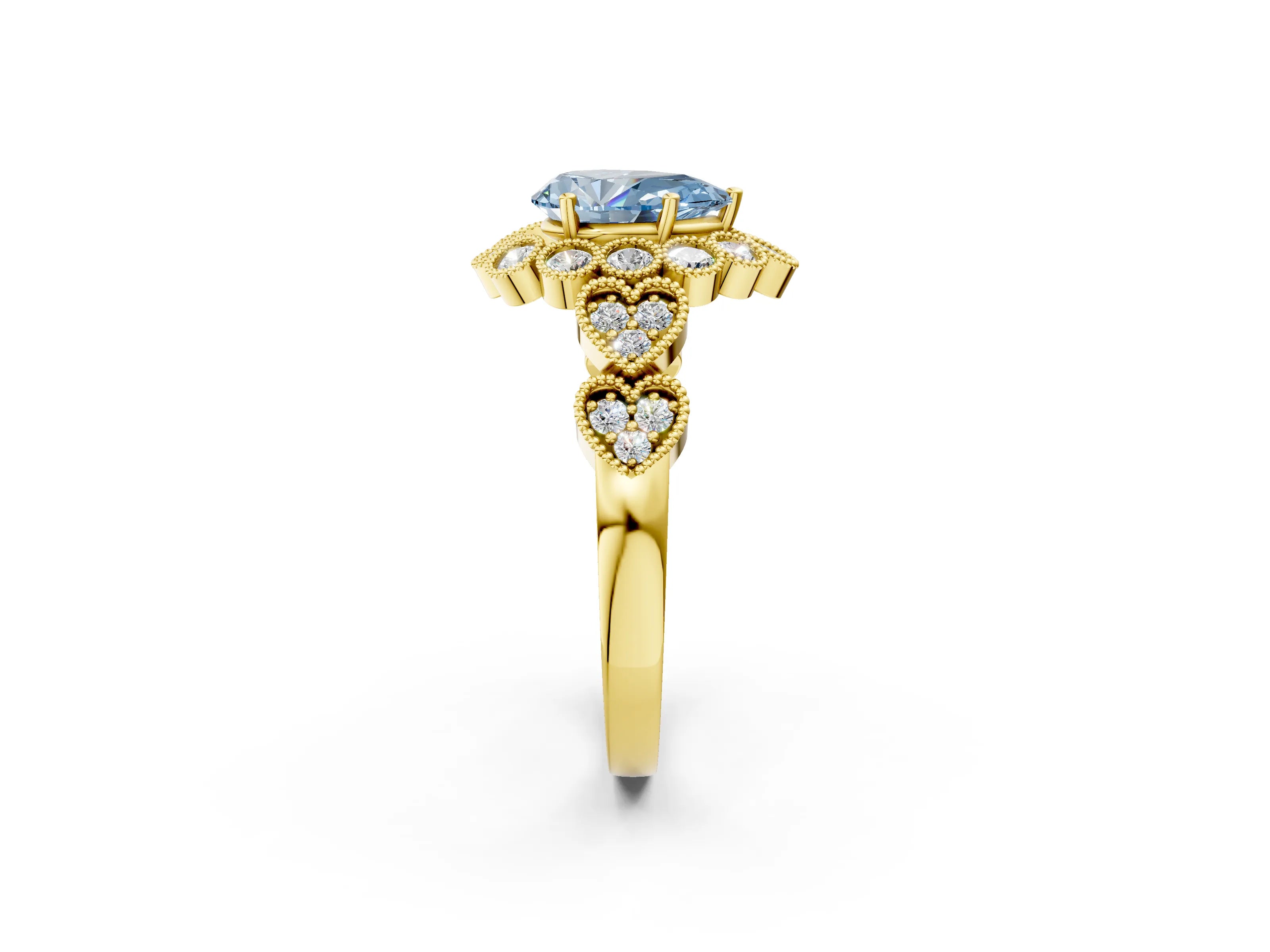 Yellow gold Fancy Blue Pear Cut Brilliant Milgrain Pave Heart Band Solitaire Ring_2