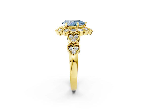 Yellow gold Fancy Blue Pear Cut Brilliant Milgrain Pave Heart Band Solitaire Ring