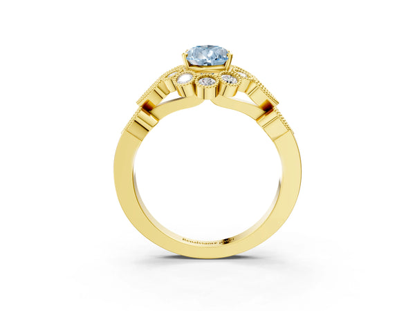 Yellow gold Fancy Blue Pear Cut Brilliant Milgrain Pave Heart Band Solitaire Ring