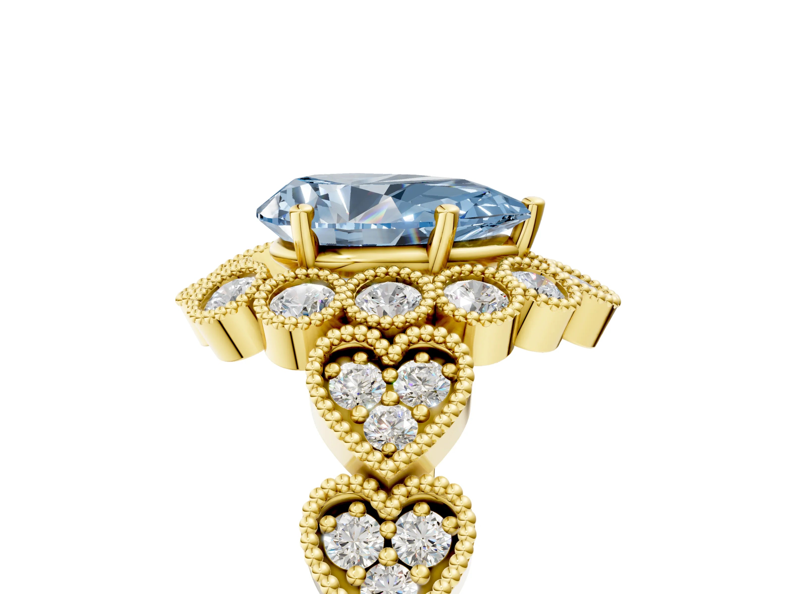 Yellow gold Fancy Blue Pear Cut Brilliant Milgrain Pave Heart Band Solitaire Ring_5