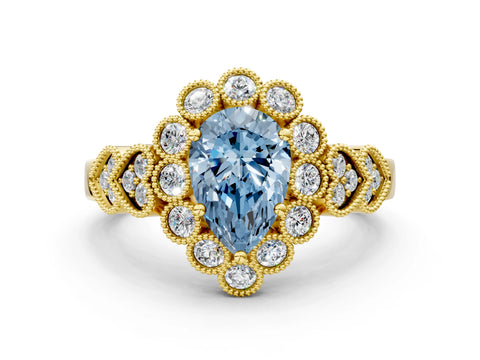 Yellow gold Fancy Blue Pear Cut Brilliant Milgrain Pave Heart Band Solitaire Ring