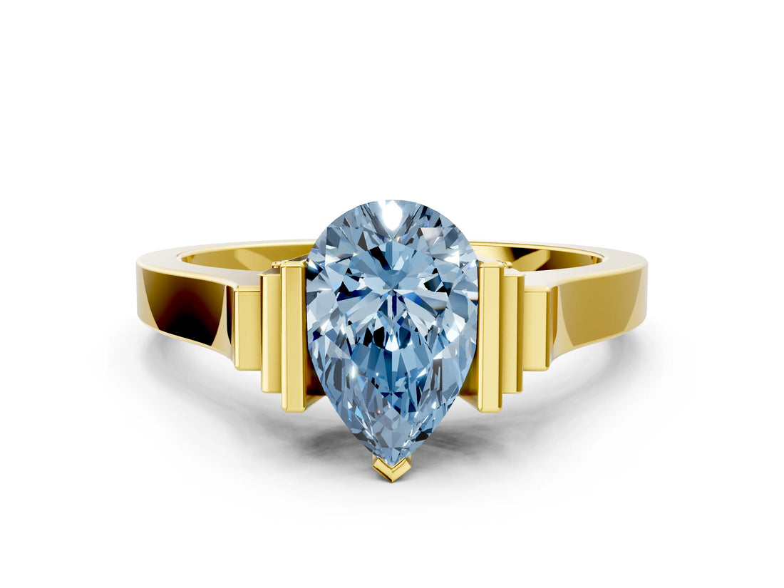 Yellow gold Fancy Blue Pear Cut Brilliant Solitaire Diamond Ring with Channel Set Band and Bar Prong Setting_12