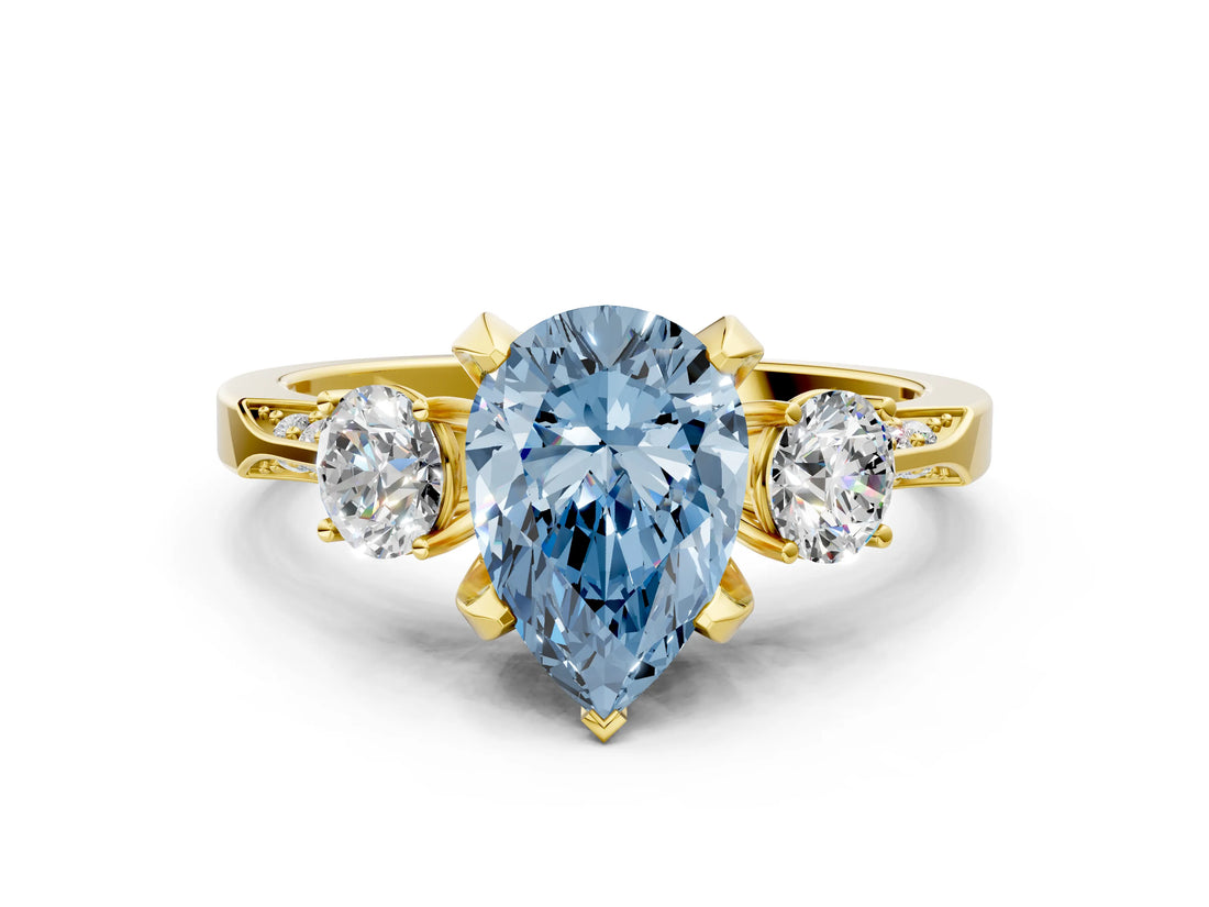 Yellow gold Fancy Blue Pear Cut Brilliant Three-Stone Diamond Ring with Pavé Band and Four-Prong Setting_3