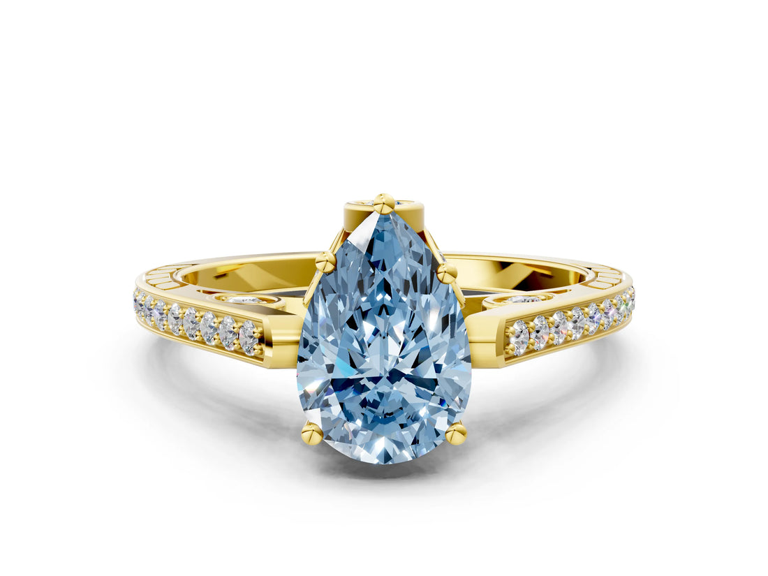 Yellow gold Fancy Blue Pear  Cut Cathedral Pave Diamond Engagement Ring with Six-Prong Setting_32