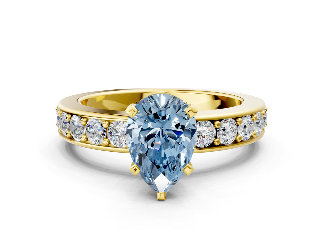 Yellow gold Fancy Blue Pear  Cut Channel Set Diamond Engagement Ring with Four-Prong Setting_240