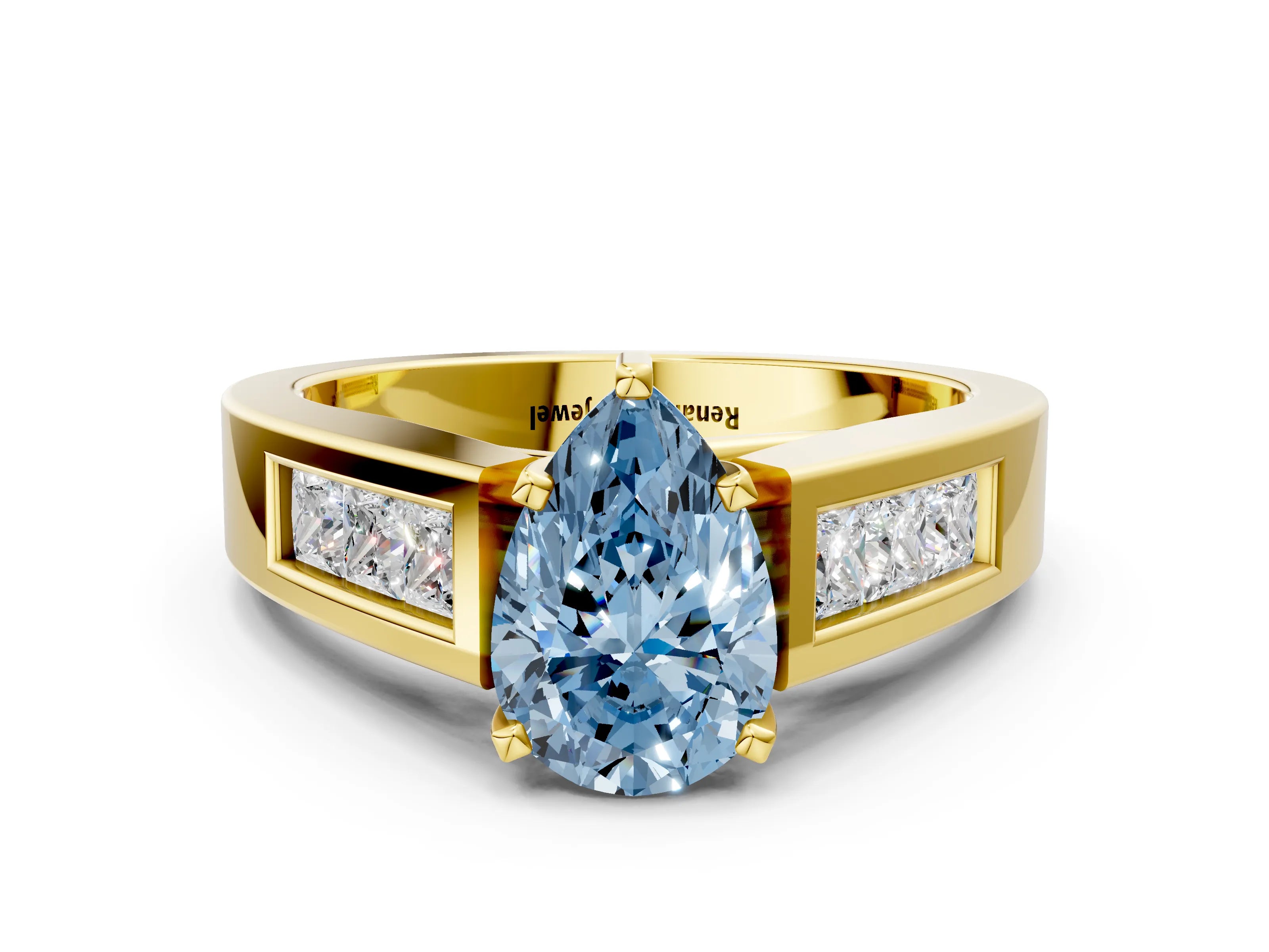 Yellow gold Fancy Blue Pear Cut Cut Channel Set Solitaire Ring with Four-Prong Setting