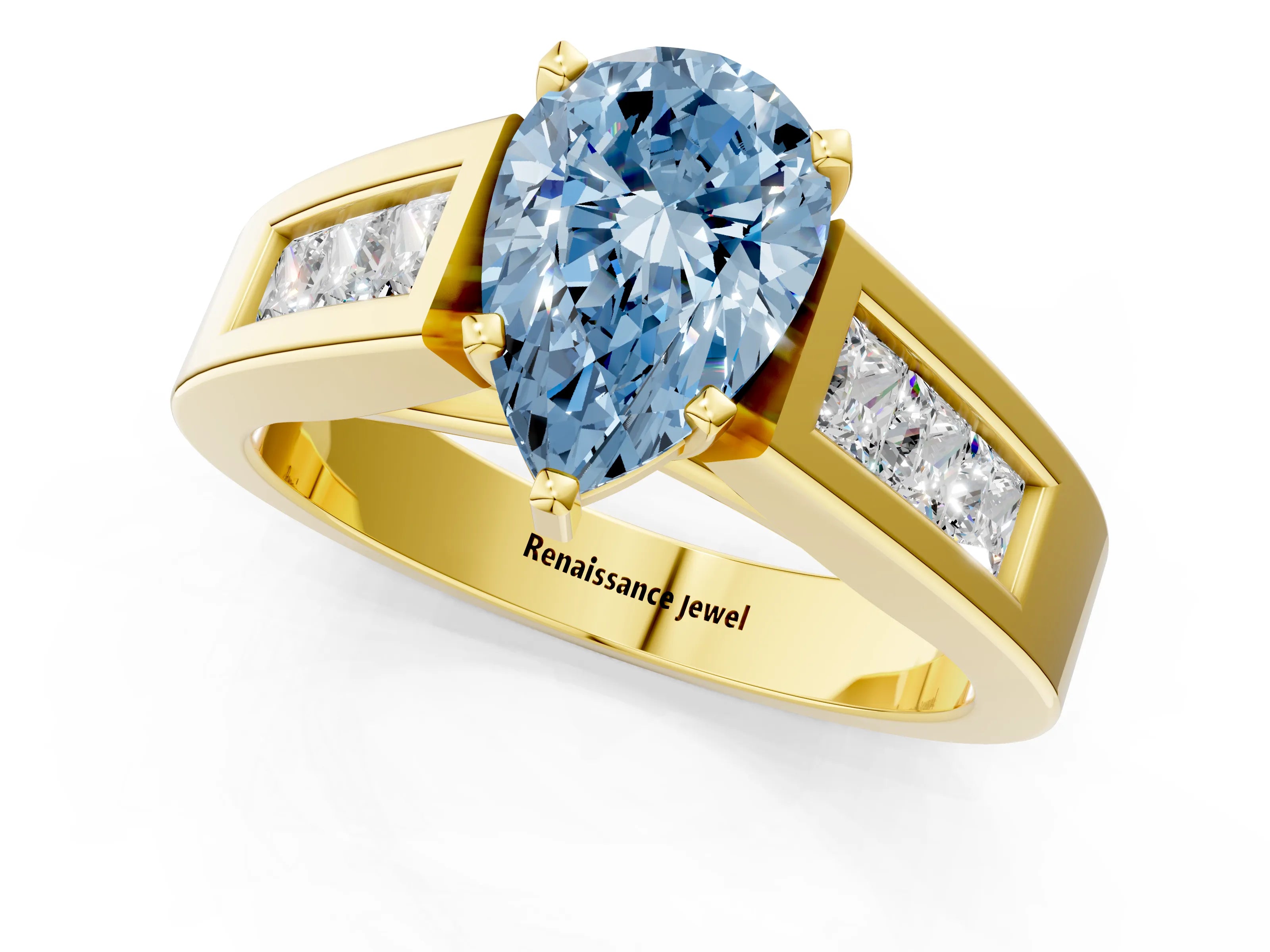 Yellow gold Fancy Blue Pear Cut Cut Channel Set Solitaire Ring with Four-Prong Setting_1