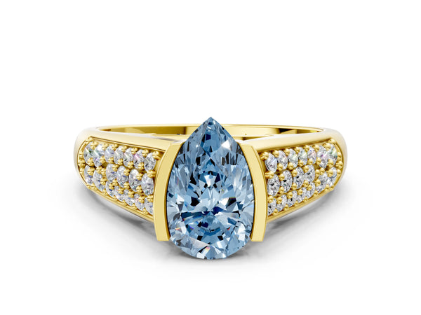 Yellow gold Fancy Blue Pear Cut Diamond Channel Set Pave Band with Tension Prong Setting