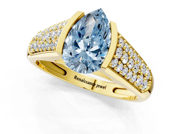 Yellow gold Fancy Blue Pear Cut Diamond Channel Set Pave Band with Tension Prong Setting