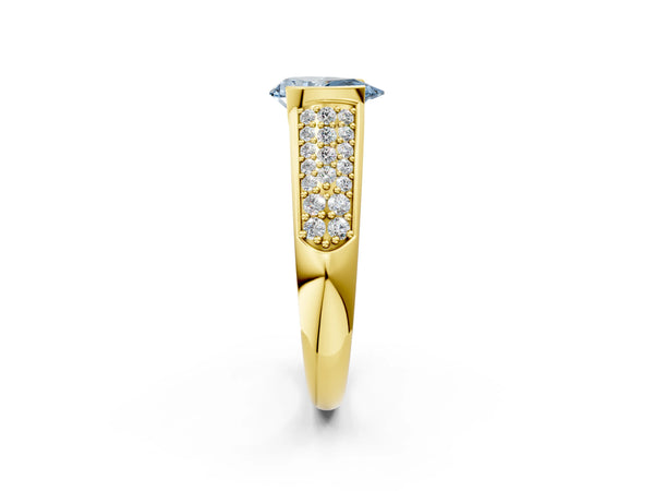 Yellow gold Fancy Blue Pear Cut Diamond Channel Set Pave Band with Tension Prong Setting