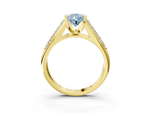 Yellow gold Fancy Blue Pear Cut Diamond Channel Set Pave Band with Tension Prong Setting