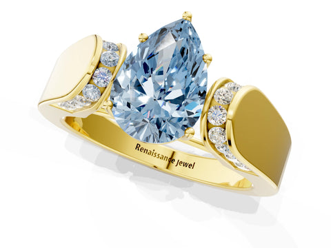 Yellow gold Fancy Blue Pear Cut Cut Diamond Channel Set Solitaire Ring with Four-Prong Setting_1