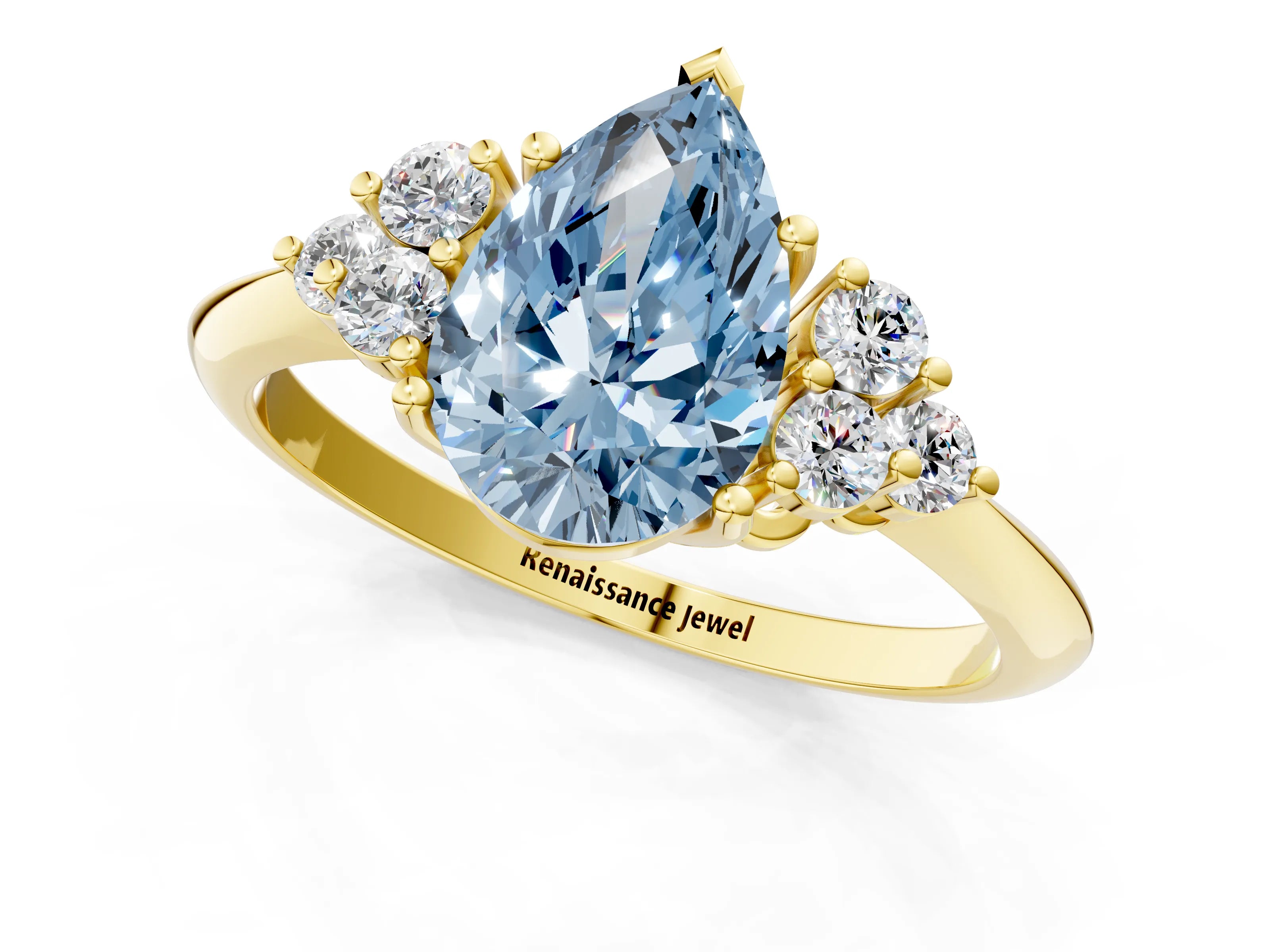 Yellow gold Fancy Blue Pear Cut Cut Diamond Cluster Ring with Solitaire Band and Four-Prong Setting_13