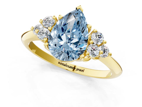 Yellow gold Fancy Blue Pear Cut Cut Diamond Cluster Ring with Solitaire Band and Four-Prong Setting_13