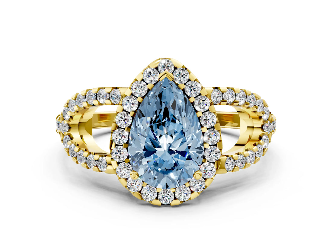Yellow gold Fancy Blue Pear Cut Cut Diamond Halo Engagement Ring with Open Split Pavé Band