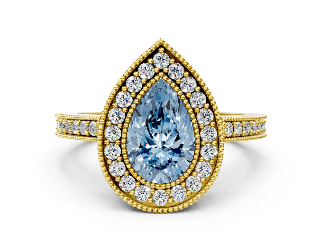 Yellow gold Fancy Blue Pear Cut-Cut Diamond Halo Engagement Ring with Pave Band and Prong Setting