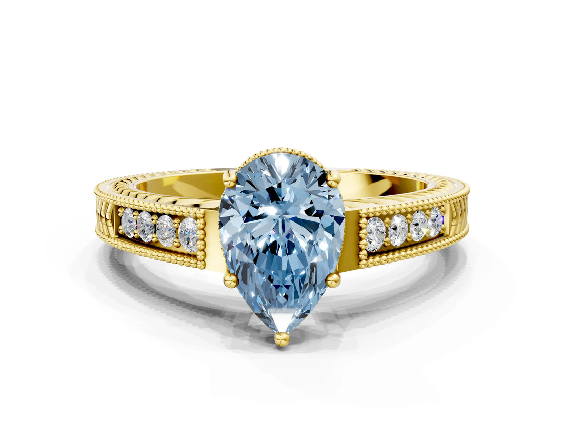 Yellow gold Fancy Blue Pear Cut Cut Diamond Milgrain Pave Band Four-Prong Setting Ring_3