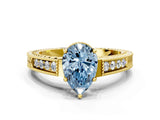 Yellow gold Fancy Blue Pear Cut Cut Diamond Milgrain Pave Band Four-Prong Setting Ring_3