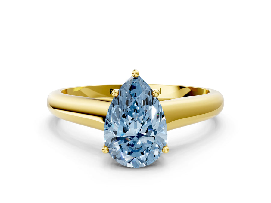 Yellow gold Fancy Blue Pear Cut Cut Diamond Solitaire Engagement Ring with Tapered Plain Band and Four-Prong Setting
