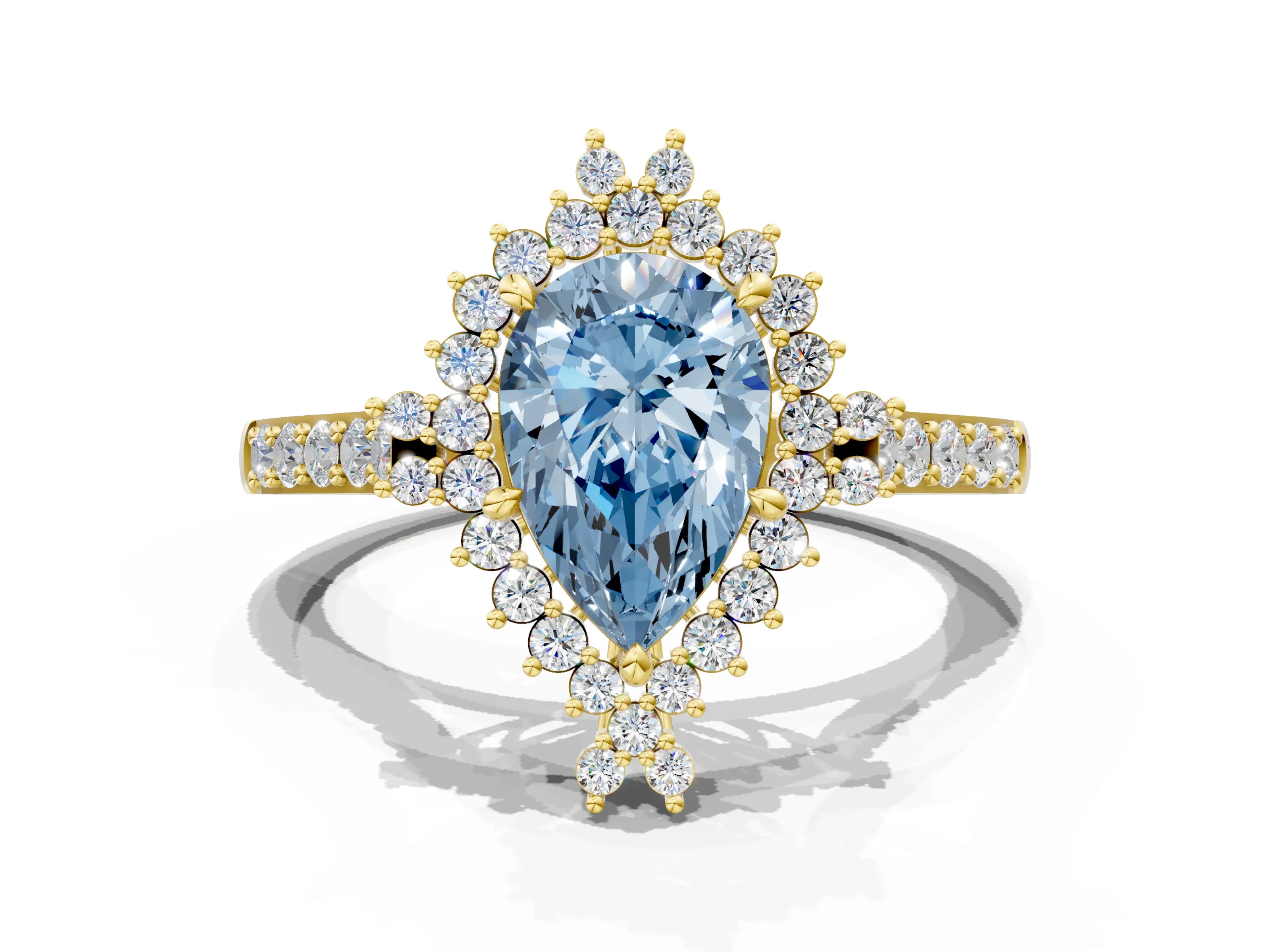 Yellow gold Fancy Blue Pear Cut Cut Diamond Sunburst Halo Engagement Ring with Pavé Band