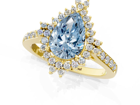 Yellow gold Fancy Blue Pear Cut Cut Diamond Sunburst Halo Engagement Ring with Pavé Band_1