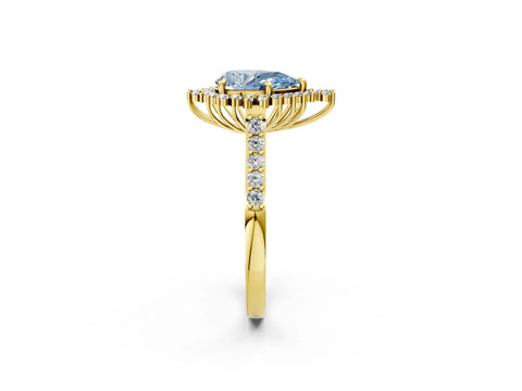 Yellow gold Fancy Blue Pear Cut Cut Diamond Sunburst Halo Engagement Ring with Pavé Band_2