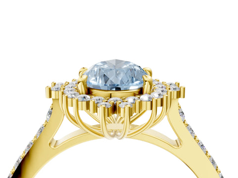 Yellow gold Fancy Blue Pear Cut Cut Diamond Sunburst Halo Engagement Ring with Pavé Band_4
