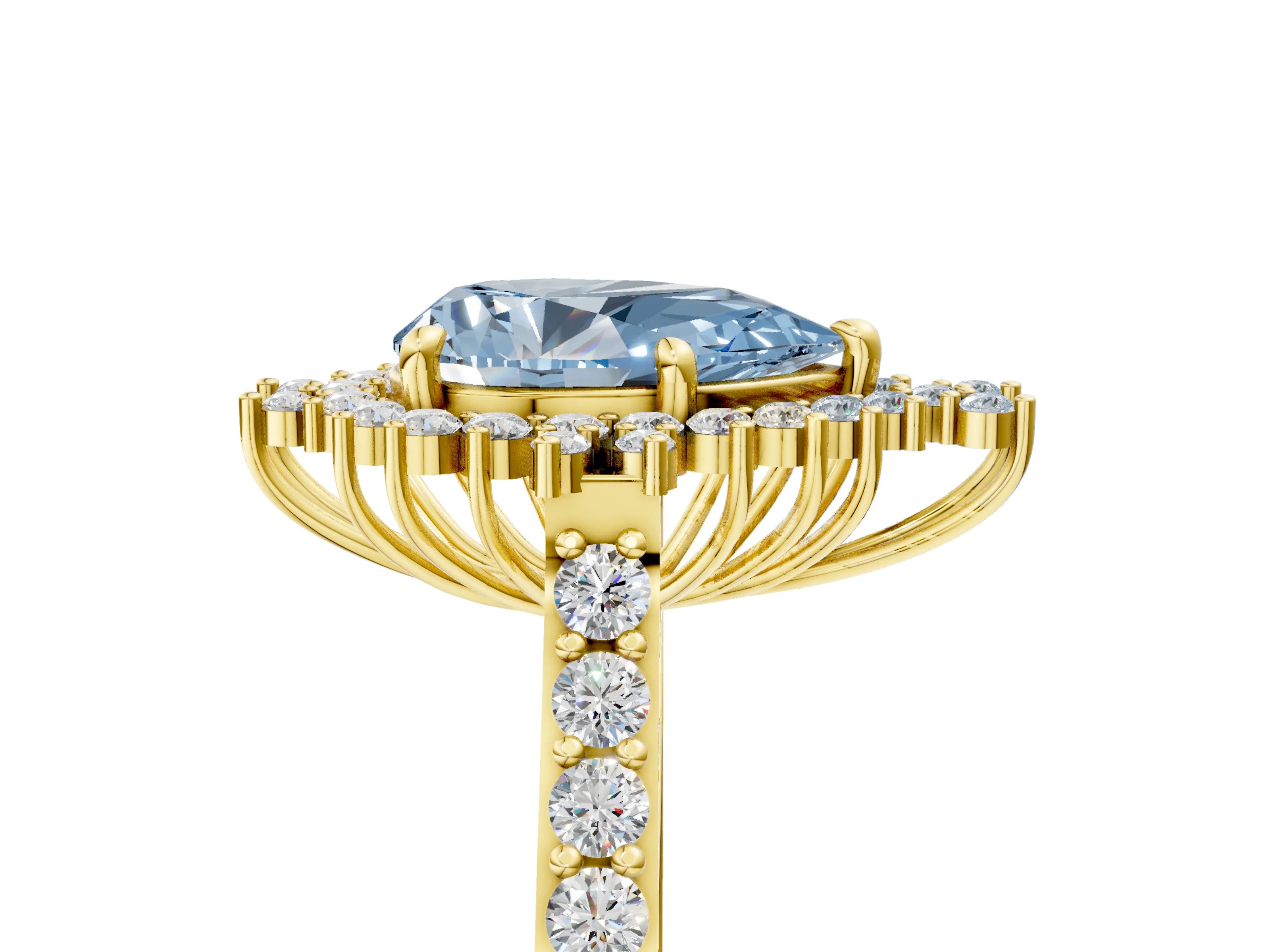 Yellow gold Fancy Blue Pear Cut Cut Diamond Sunburst Halo Engagement Ring with Pavé Band_5