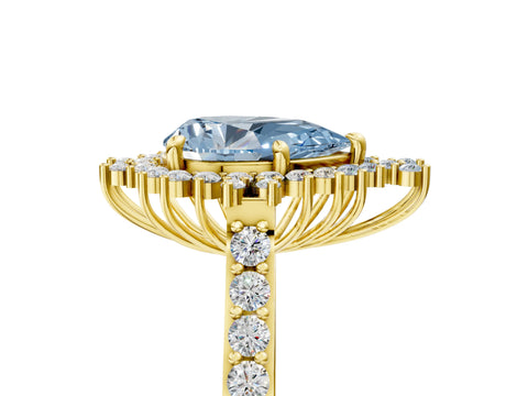 Yellow gold Fancy Blue Pear Cut Cut Diamond Sunburst Halo Engagement Ring with Pavé Band_5