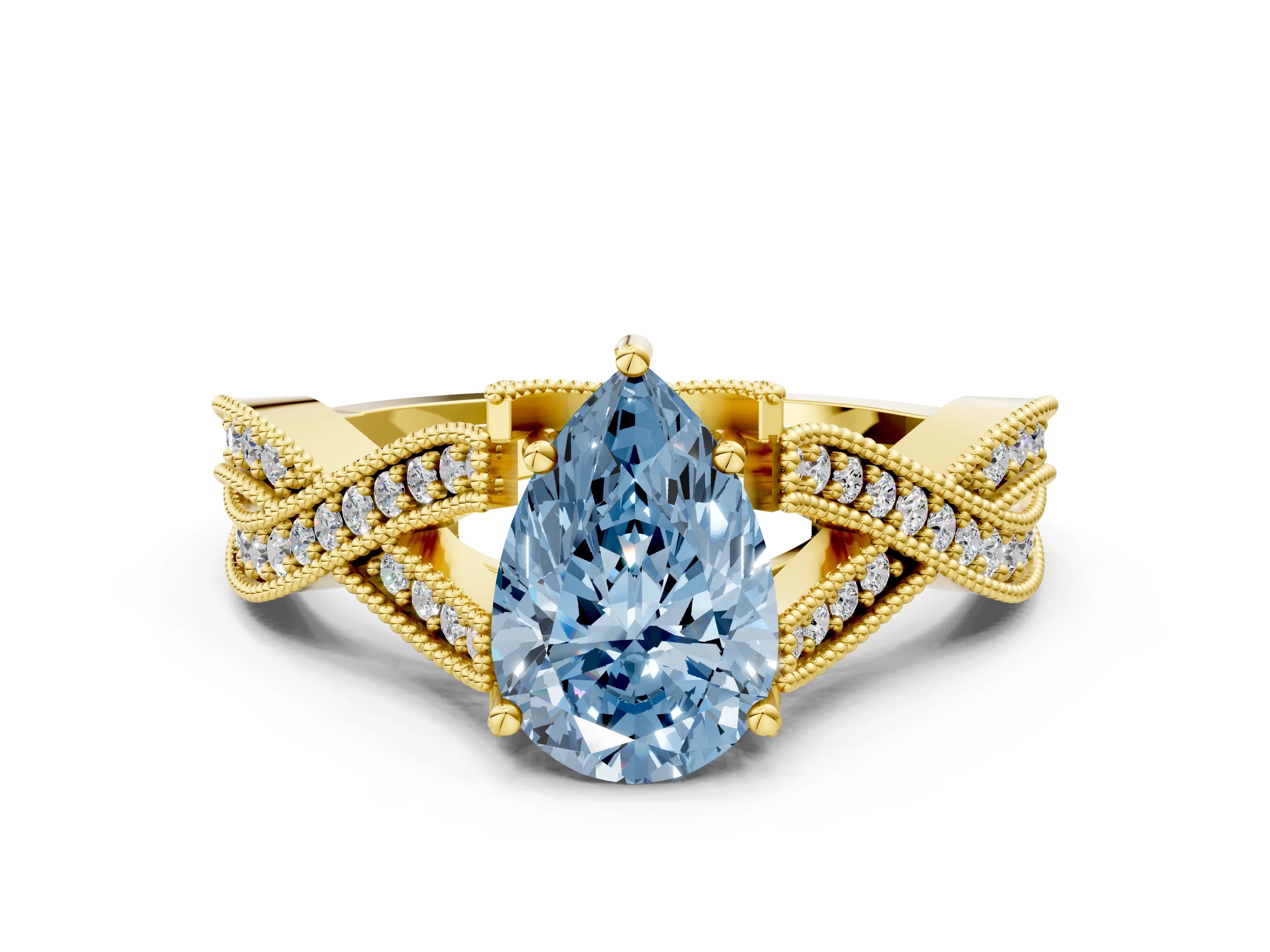 Yellow gold Fancy Blue Pear Cut Cut Diamond Twisted Band with Milgrain Pave Setting and Four-Prong Setting