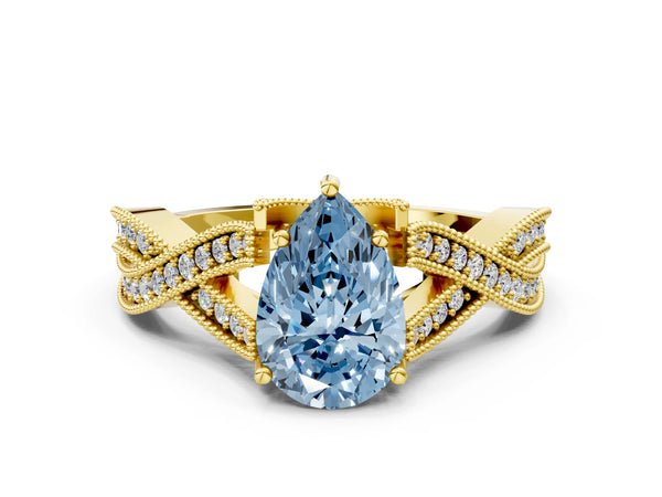 Yellow gold Fancy Blue Pear Cut Cut Diamond Twisted Band with Milgrain Pave Setting and Four-Prong Setting
