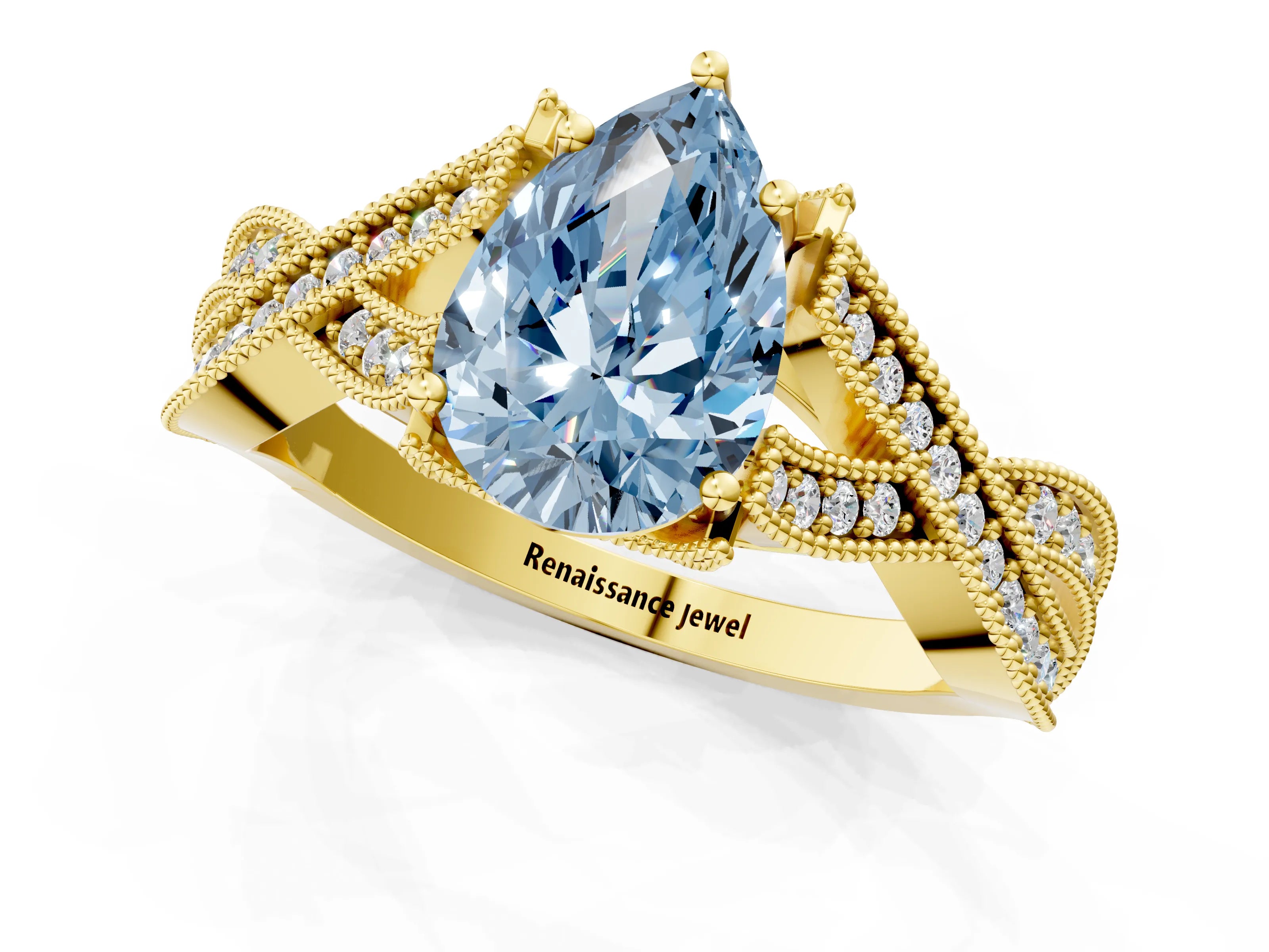 Yellow gold Fancy Blue Pear Cut Cut Diamond Twisted Band with Milgrain Pave Setting and Four-Prong Setting_1