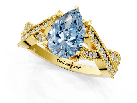 Yellow gold Fancy Blue Pear Cut Cut Diamond Twisted Band with Milgrain Pave Setting and Four-Prong Setting_1
