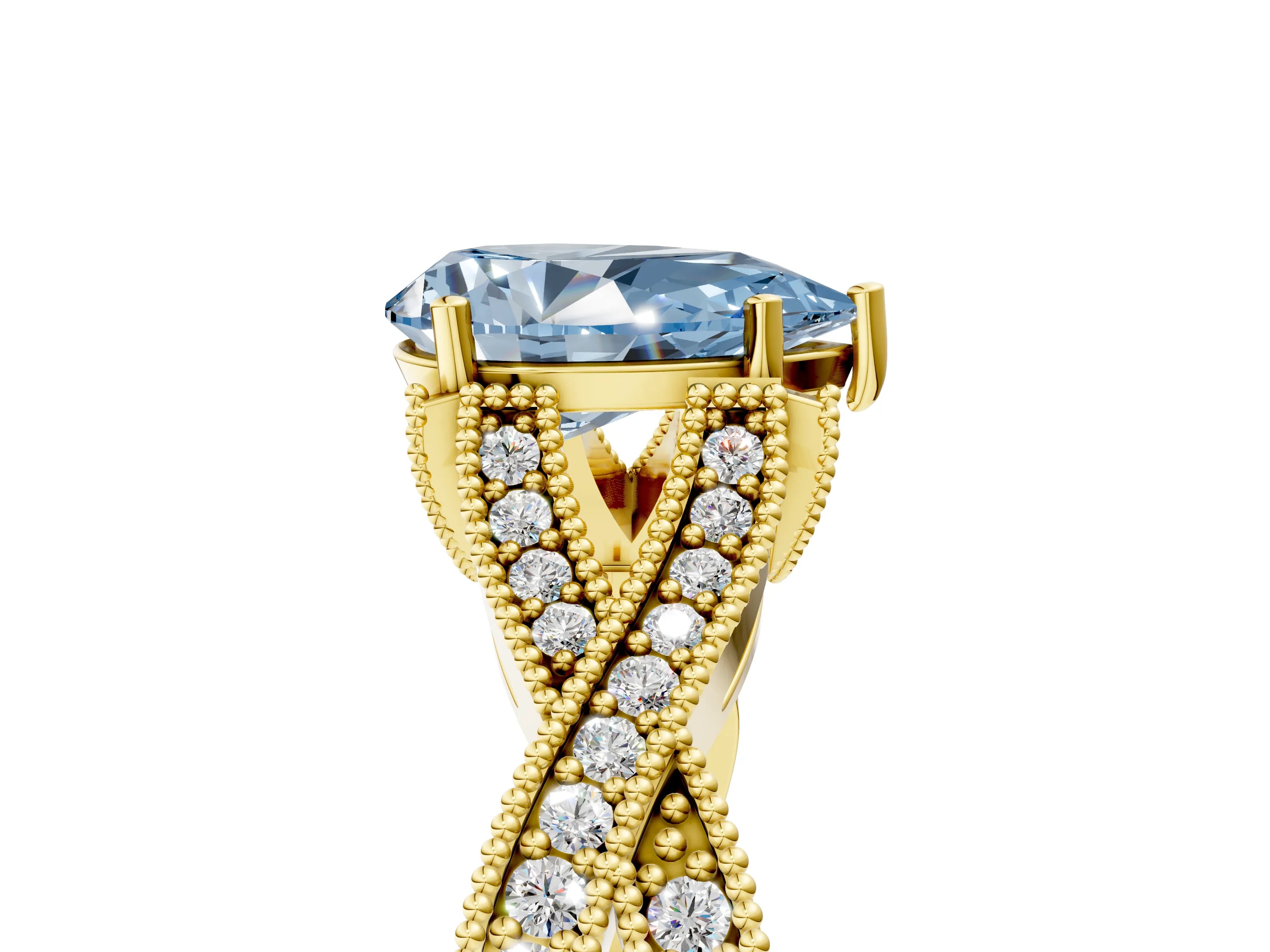 Yellow gold Fancy Blue Pear Cut Cut Diamond Twisted Band with Milgrain Pave Setting and Four-Prong Setting_5
