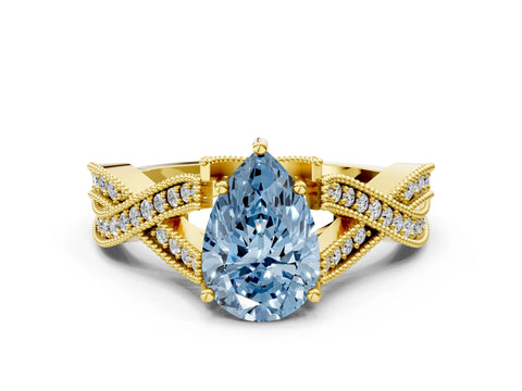 Yellow gold Fancy Blue Pear Cut Cut Diamond Twisted Band with Milgrain Pave Setting and Four-Prong Setting