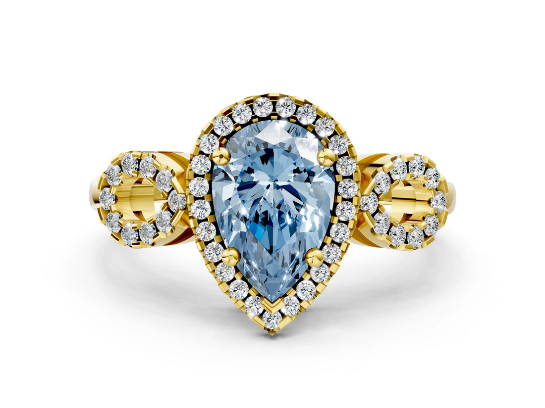 Yellow gold Fancy Blue Pear Cut Cut Halo Diamond Infinity Band with Four-Prong Setting