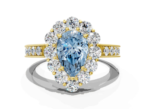 Yellow gold Fancy Blue Pear Cut Cut Halo Diamond Pavé Engagement Ring with Milgrain Detailing_12