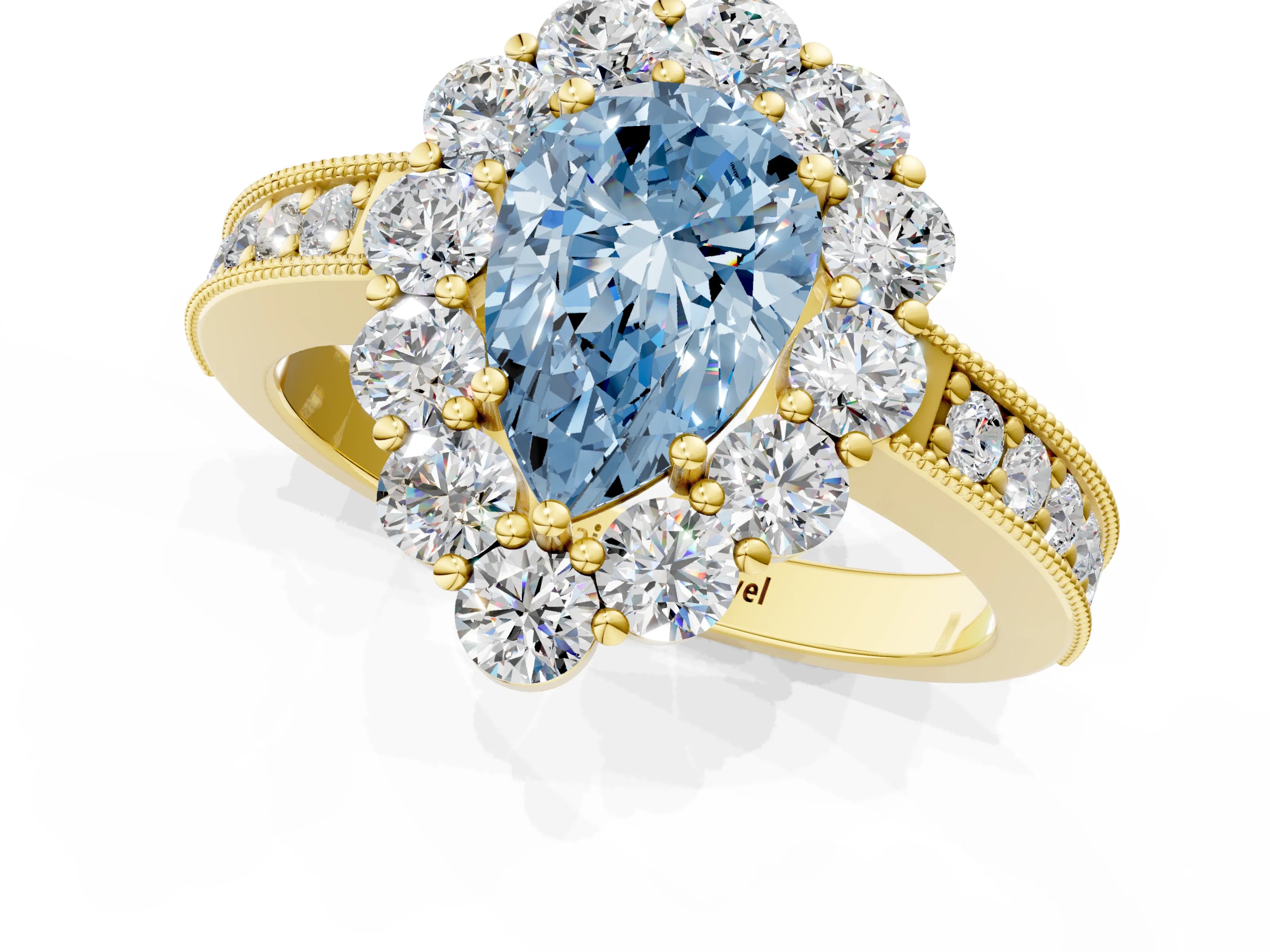 Yellow gold Fancy Blue Pear Cut Cut Halo Diamond Pavé Engagement Ring with Milgrain Detailing_13