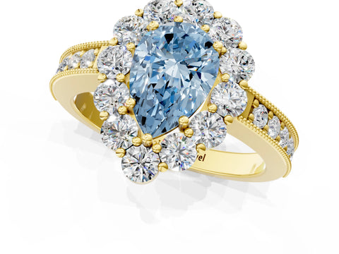 Yellow gold Fancy Blue Pear Cut Cut Halo Diamond Pavé Engagement Ring with Milgrain Detailing_13