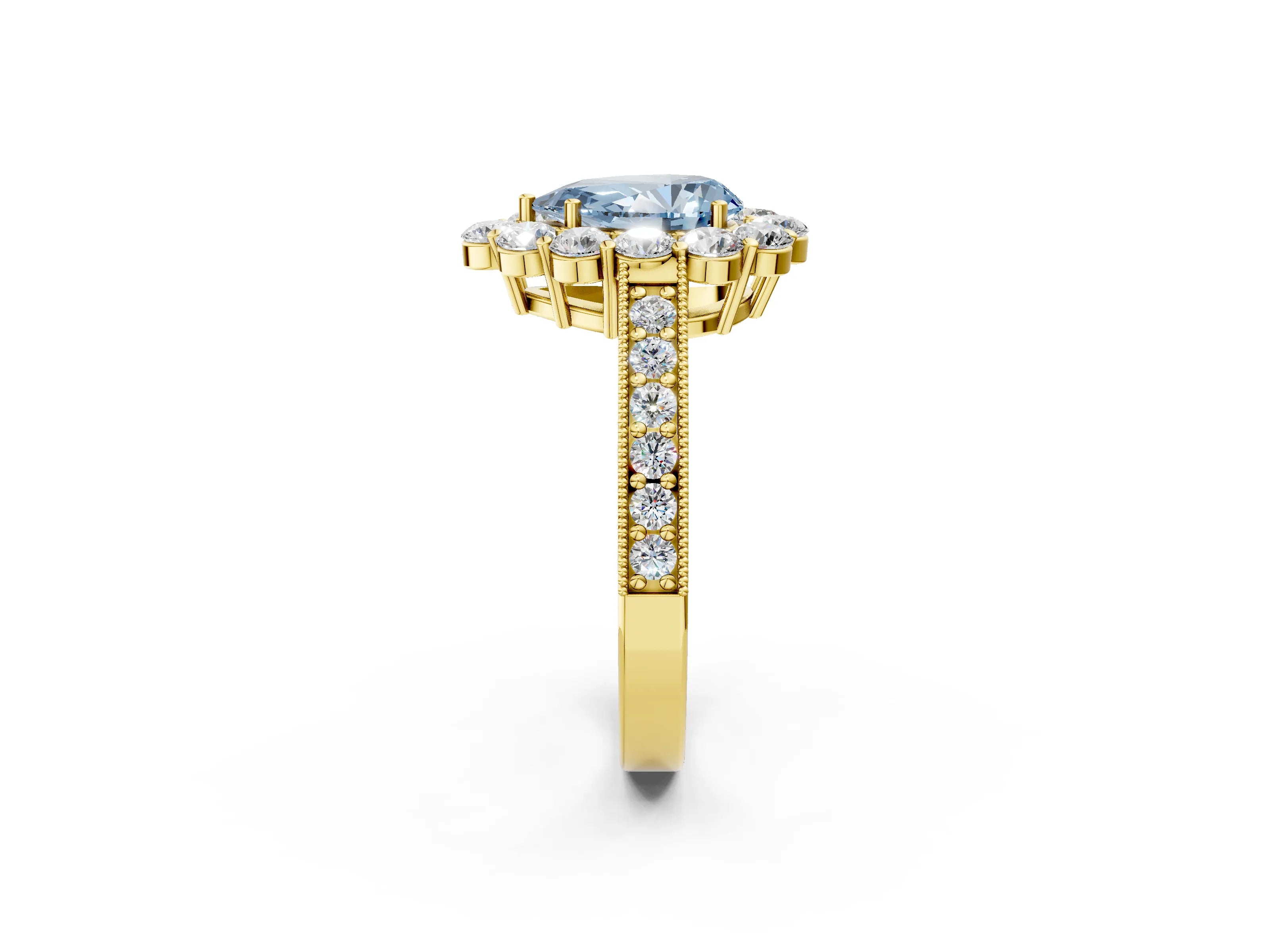 Yellow gold Fancy Blue Pear Cut Cut Halo Diamond Pavé Engagement Ring with Milgrain Detailing_14