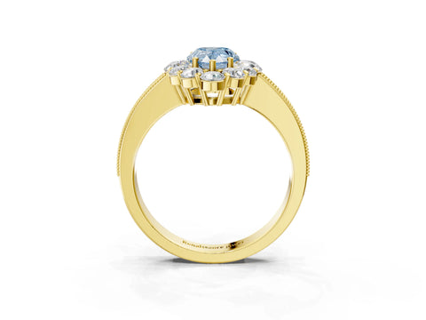 Yellow gold Fancy Blue Pear Cut Cut Halo Diamond Pavé Engagement Ring with Milgrain Detailing_15