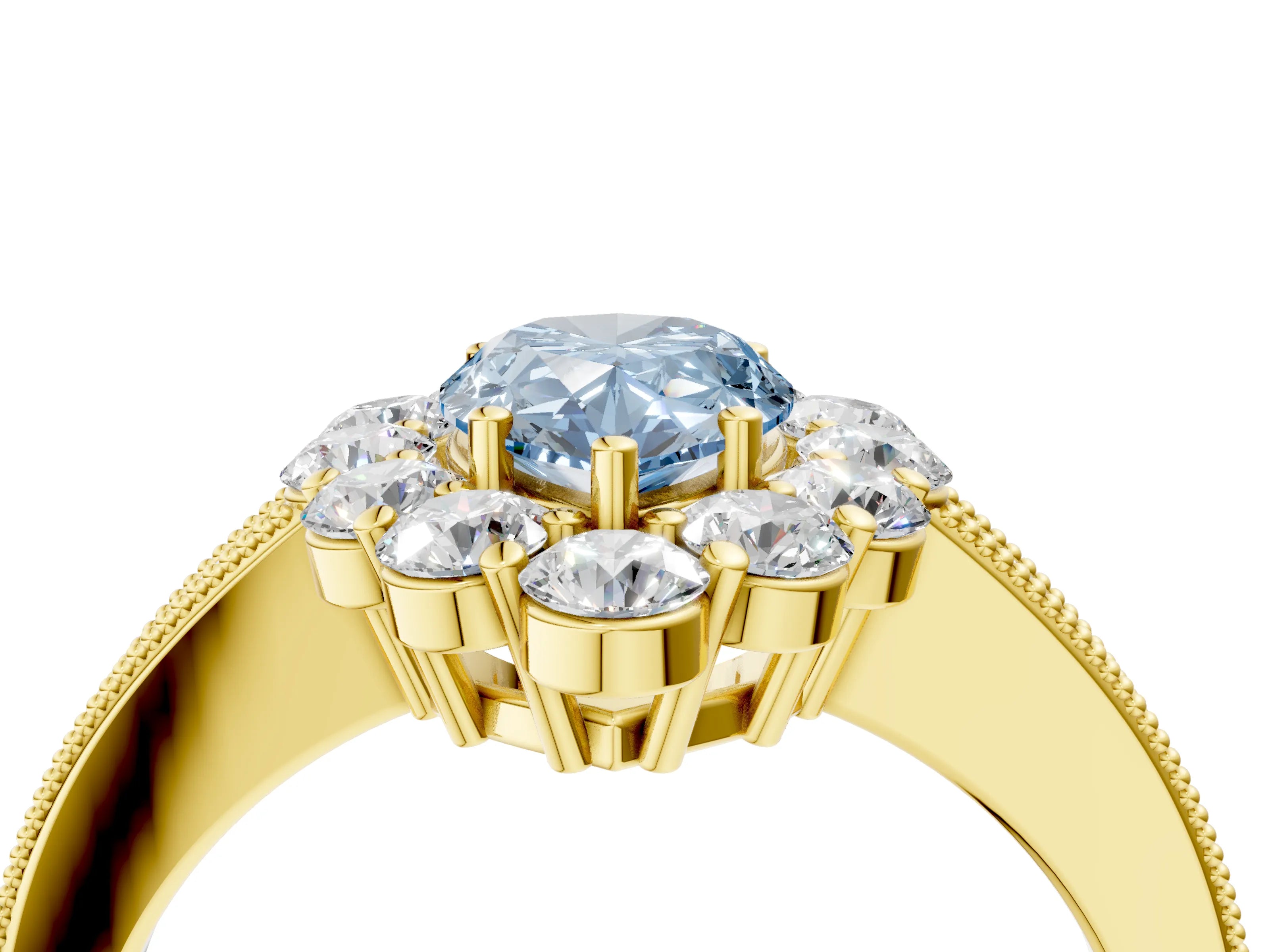 Yellow gold Fancy Blue Pear Cut Cut Halo Diamond Pavé Engagement Ring with Milgrain Detailing_16