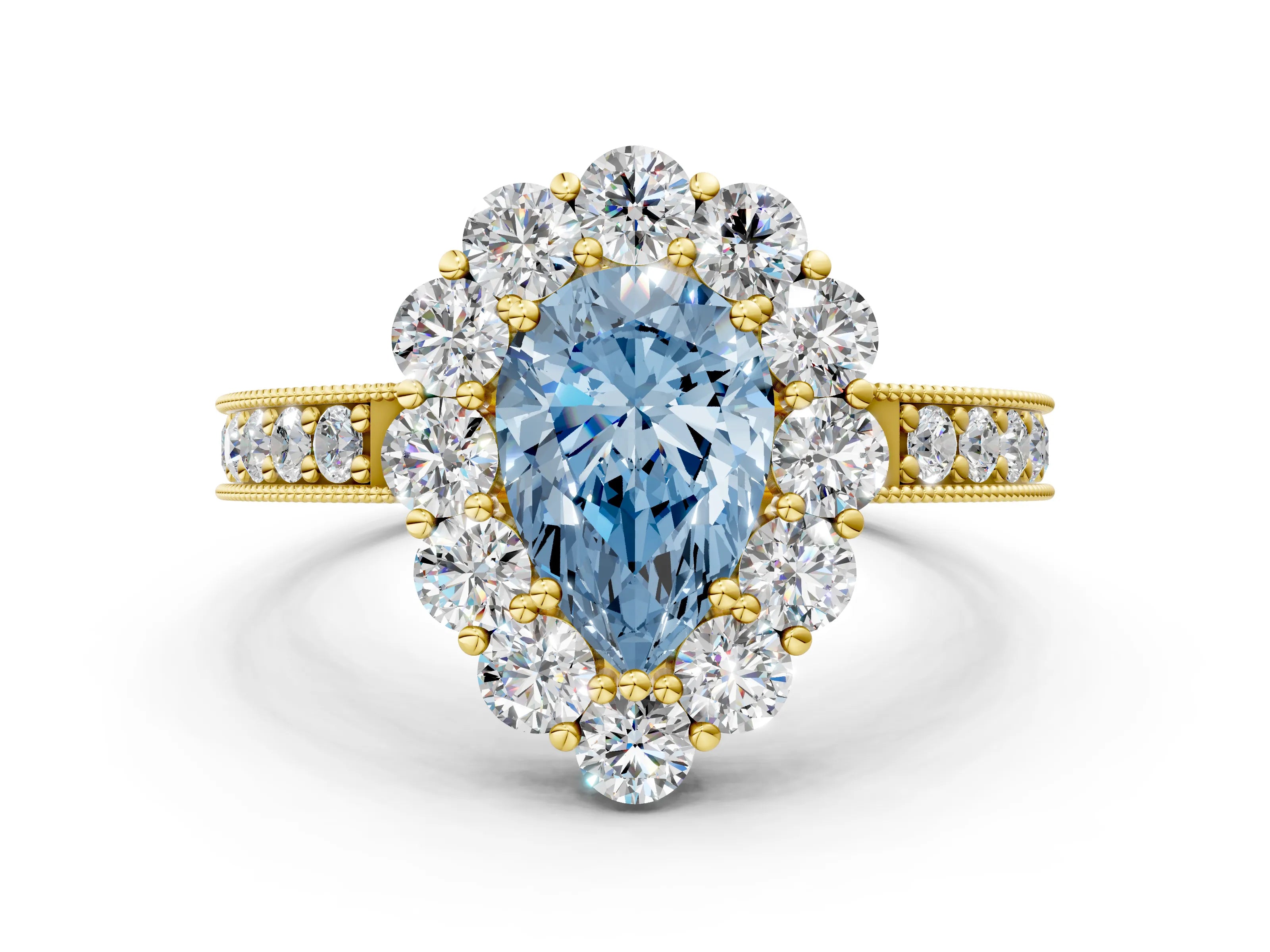 Yellow gold Fancy Blue Pear Cut Cut Halo Diamond Pavé Engagement Ring with Milgrain Detailing_24