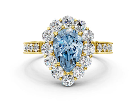 Yellow gold Fancy Blue Pear Cut Cut Halo Diamond Pavé Engagement Ring with Milgrain Detailing_24