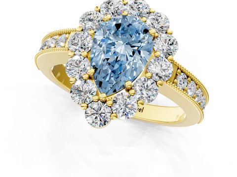 Yellow gold Fancy Blue Pear Cut Cut Halo Diamond Pavé Engagement Ring with Milgrain Detailing_25